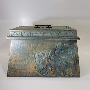 Decorative Box Hand Carved Flower Design Blue Grey Teal Color Trinket Box